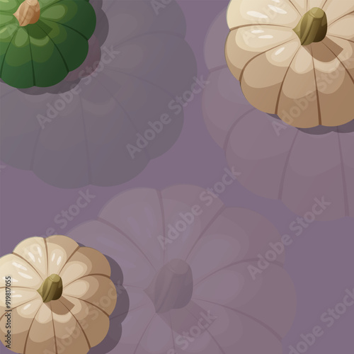 Purple square background. Cute autumn background design. Green and flesh colored pumpkins are conveniently placed on the background.
