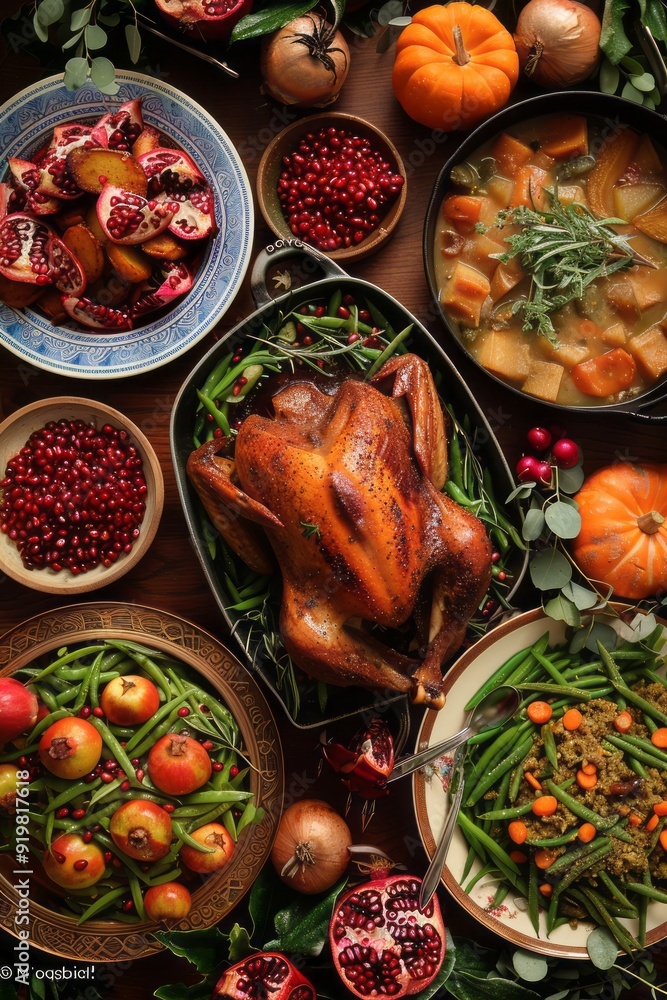 A sumptuous Thanksgiving feast displayed with a centerpiece roasted turkey, fresh green beans, vibrant fruits, and rich dishes, embodying a sense of gratitude and festive celebration. A sumptuous Thanksgiving feast displayed with a centerpiece roasted turkey, fresh green beans, vibrant fruits, and rich dishes, embodying a sense of gratitude and festive celebration.