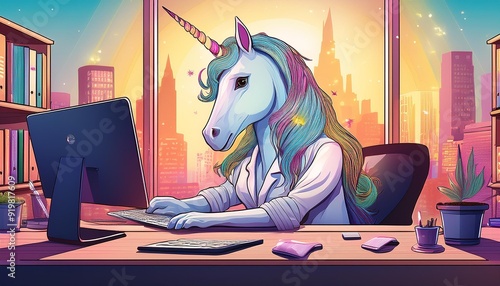 Office Unicorn- An illustrated whimsical scene of a unicorn working at a desk in an office, symbolizing creativity and the magical side of corporate life