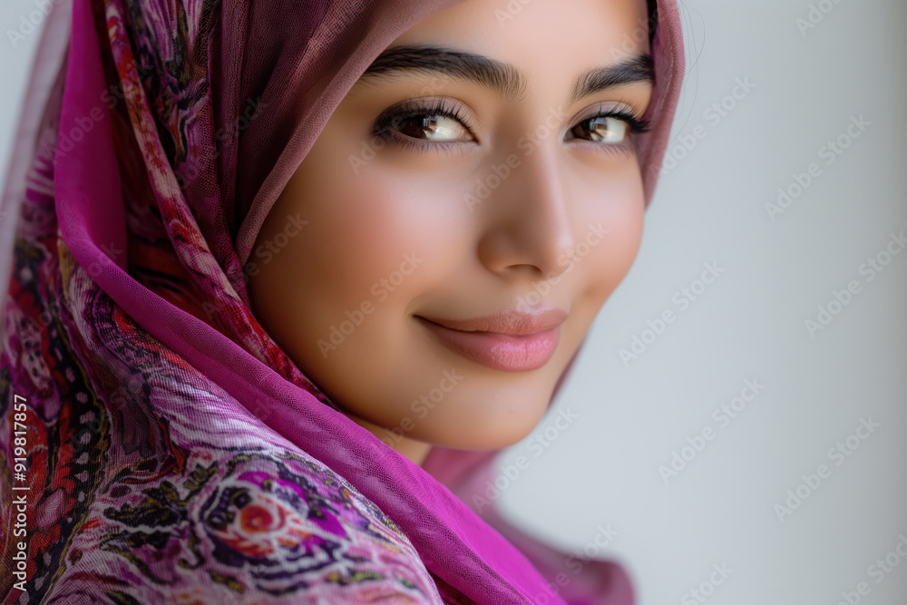 A woman with a pink scarf is smiling A woman with a pink scarf is smiling