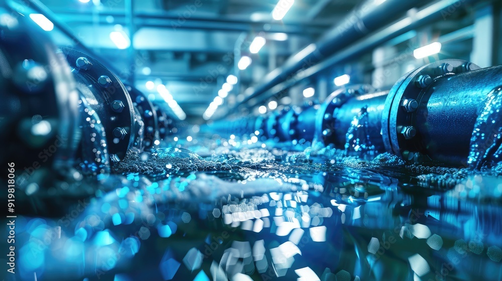 Close-up of industrial pipes with water flowing through them. Blue and metallic tones. Close-up of industrial pipes with water flowing through them. Blue and metallic tones.