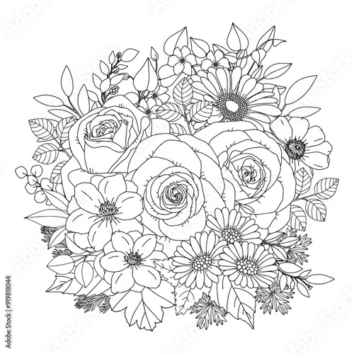 Coloring page for adults and children. Flower bouquet.