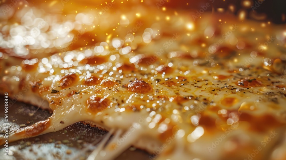 Close-up of melted cheese pizza with golden-brown crust and a sprinkle of herbs. Close-up of melted cheese pizza with golden-brown crust and a sprinkle of herbs.