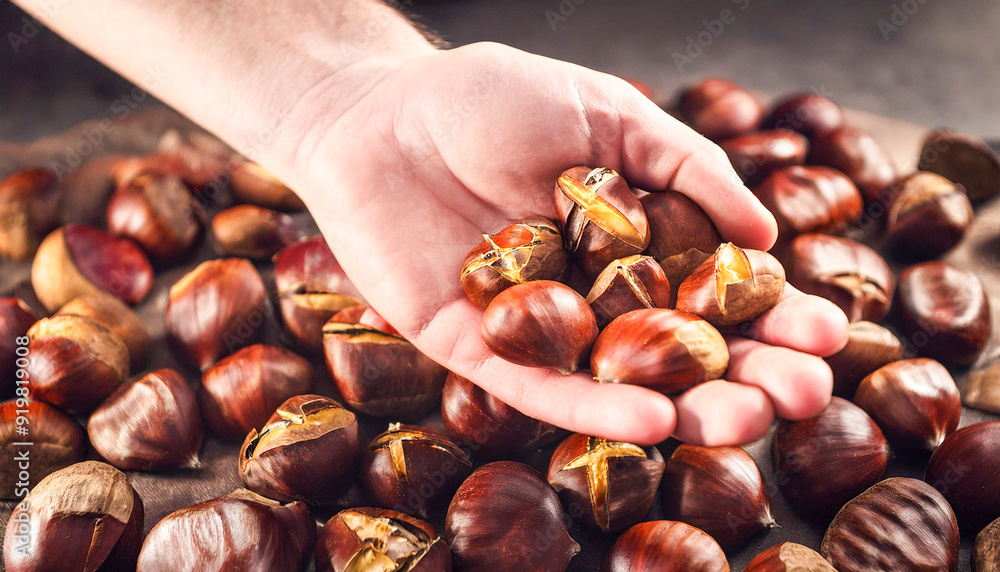 Photograph of a hand picking up roasted chestnuts Photograph of a hand picking up roasted chestnuts