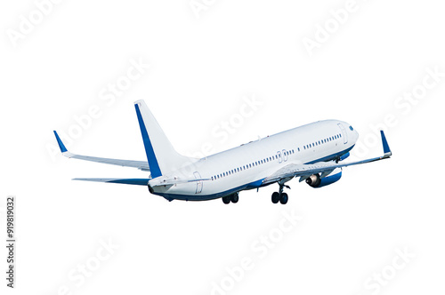 Airplane isolated on white background. Travel background with isolated flying airplane, commercial airplane in the flight isolated on white