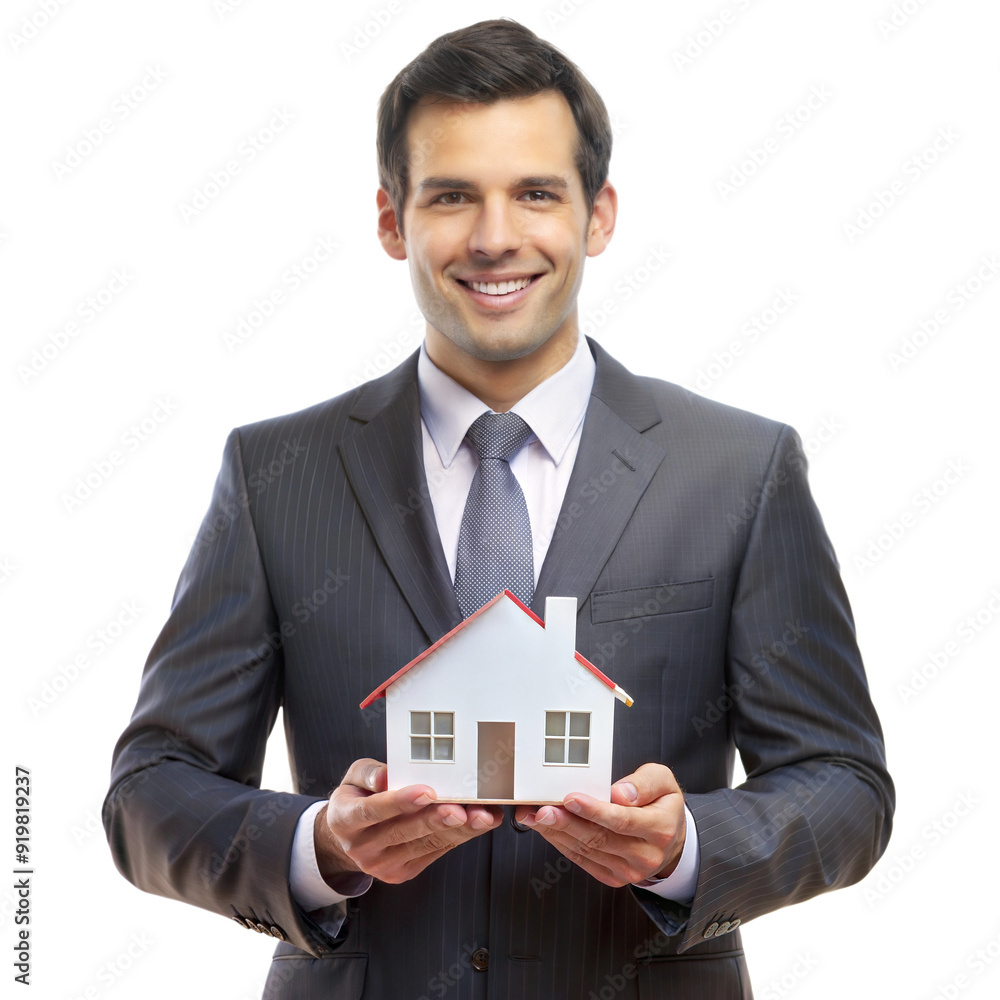 Businessman displaying house model with orange roof, isolated on transparent background Businessman displaying house model with orange roof, isolated on transparent background