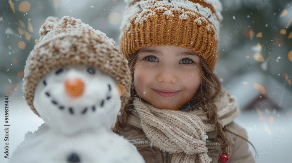 Little Girl with Snowman in Snowy Winter Wonderland Little Girl with Snowman in Snowy Winter Wonderland