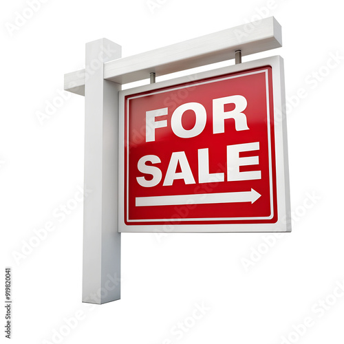 For Sale sign on real estate post with arrow, isolated on transparent background