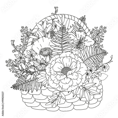 Coloring page for adults and children. Flower bouquet.