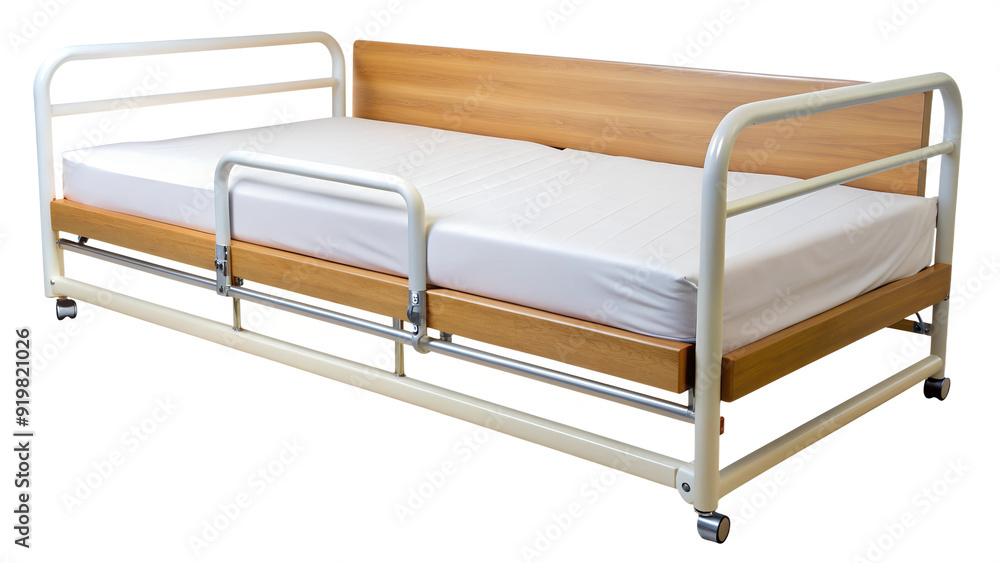 Adjustable hospital bed with safety rails, transparent Adjustable hospital bed with safety rails, transparent