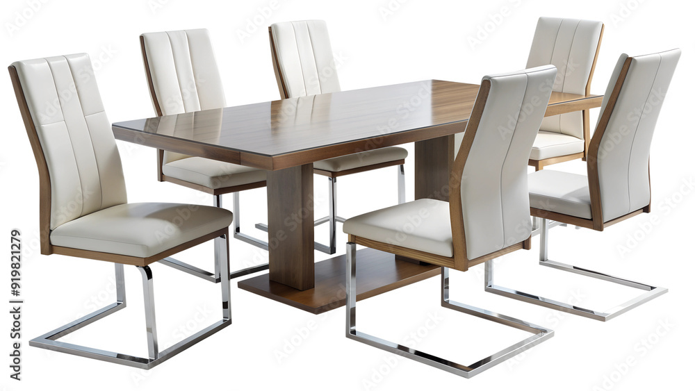 Modern dining table set with six white chairs PNG isolated transparent Modern dining table set with six white chairs PNG isolated transparent
