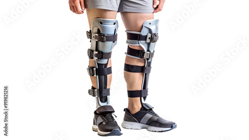 Person wearing exoskeleton leg braces for rehabilitation PNG isolated transparent