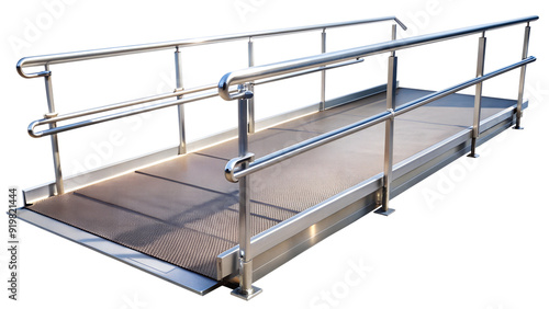 Metal wheelchair ramp with non-slip surface and safety rails PNG isolated transparent