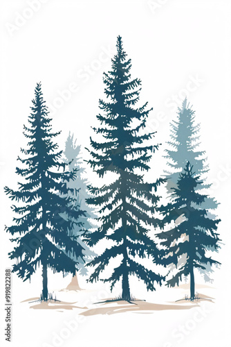 Artistic illustration of fir trees in blue tones, textured layered style against soft muted background, serene natural scene