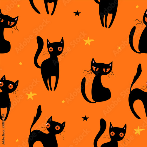 WebSeamless pattern featuring a Halloween black cat with yellow eyes. A flat cartoon cat is sitting, standing. An angry, dissatisfied, frowning animal. Color vector illustration on a white background