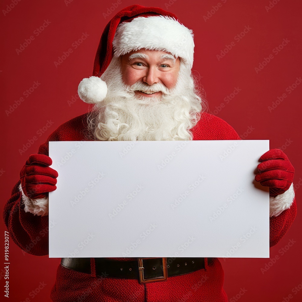 Naklejka premium Santa Claus dressed in his classic red suit, gloves, and hat, holding a blank white rectangular sign, perfect for Christmas messages or advertising, against a striking red background.