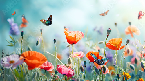 Beautifully vibrant summer and springtime natural flower background featuring butterflies