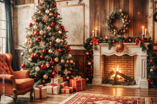 christmas tree in front of fireplace