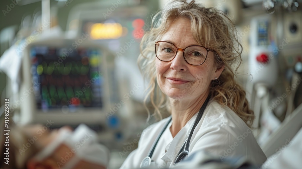 Doctor looking at the camera, patient in the background