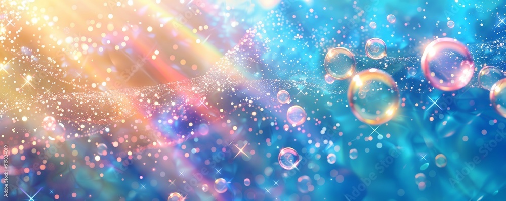 Beautiful illustration of light rays and bubbles against colorful sky background Beautiful illustration of light rays and bubbles against colorful sky background