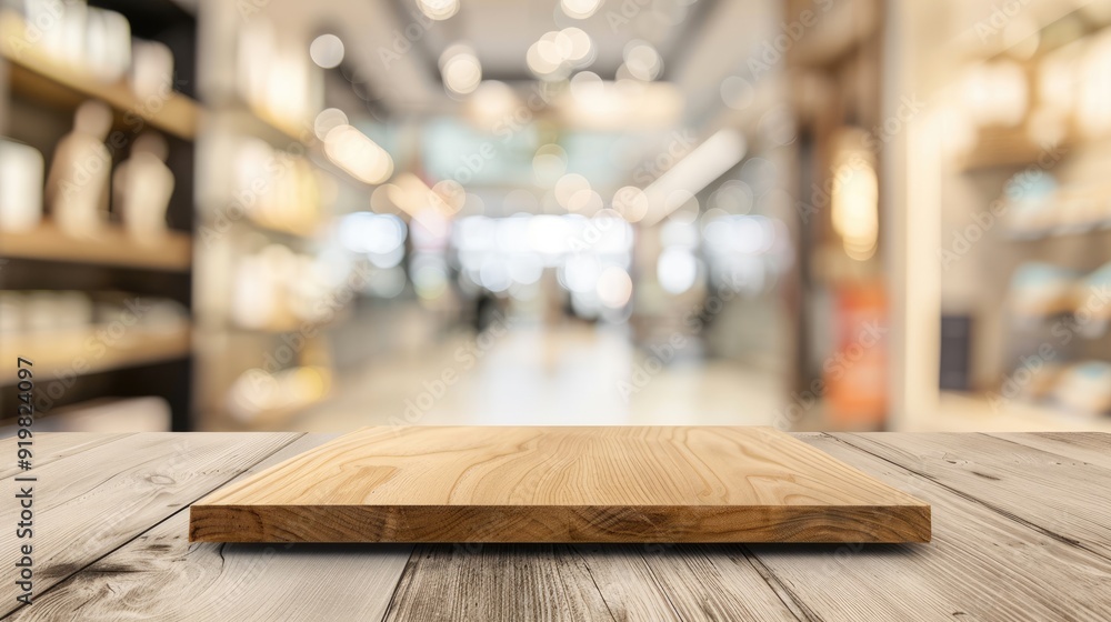 Empty wooden board on a table with blurred background for product display mockup. Empty wooden board on a table with blurred background for product display mockup.