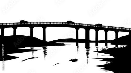 Bridge spanning a river with multiple lanes for vehicle traffic, vector illustration art