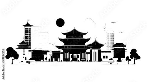 Buddhist temple complex, featuring pagodas and courtyards, located within a modern city, vector illustration art