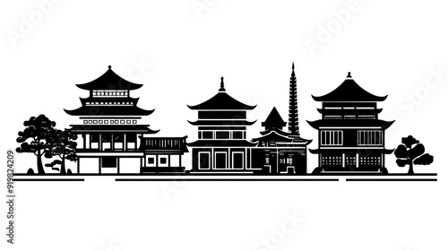 Buddhist temple complex, featuring pagodas and courtyards, located within a modern city, vector illustration art