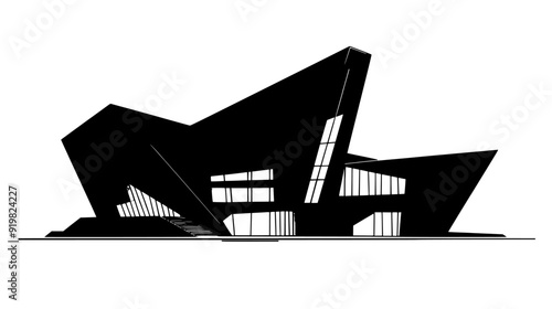 Building with unconventional shape, metallic surfaces, and angular lines, vector illustration art