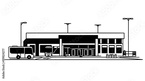 Bus depot with parking bays, maintenance facilities, and a central dispatch office, vector illustration art