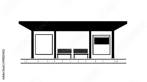 City tram stop with two shelters, concrete platform, rail tracks, and a route information board, vector illustration art