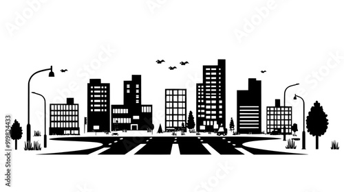 City intersection with tall buildings, streetlights, and a variety of commercial establishments, vector illustration art