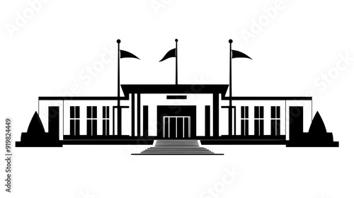Civic center with a large entrance, flagpoles, and a rectangular design, vector illustration art