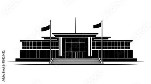 Civic center with a large entrance, flagpoles, and a rectangular design, vector illustration art