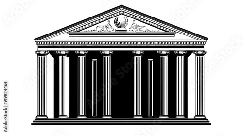 Classical building with columns, pediment, and detailed cornices, vector illustration art