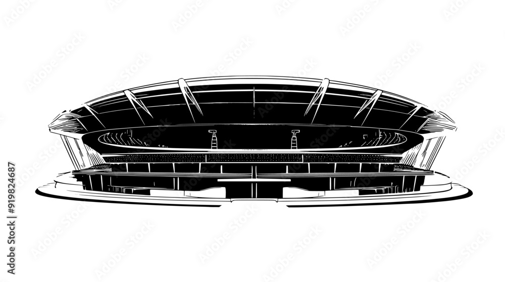 Obraz premium Conceptual design of a sports stadium with retractable roof and surrounding seating areas, vector illustration art