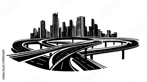 Complex of highways and overpasses connecting city parts, vector illustration art