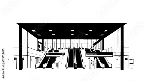 Complex subway station with multiple platforms, escalators, and clearly marked signage, vector illustration art