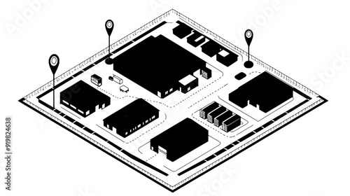 Complex of interconnected warehouses with loading docks, surrounded by roads, vector illustration art