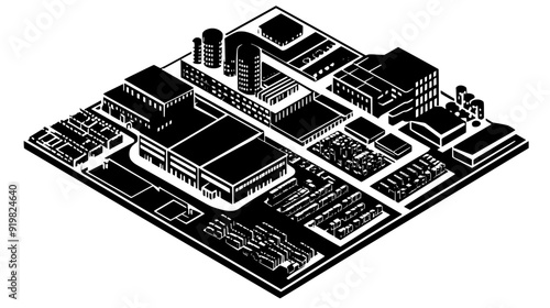 Complex of interconnected warehouses with loading docks, surrounded by roads, vector illustration art