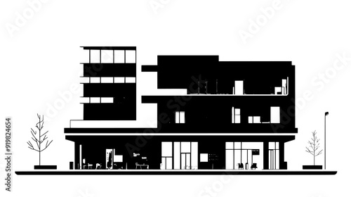 Complex with retail shops at street level and offices above, vector illustration art