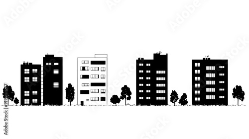 Complex of low-rise buildings with a central courtyard and evenly spaced units, vector illustration art