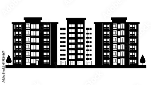 Complex of low-rise buildings with a central courtyard and evenly spaced units, vector illustration art