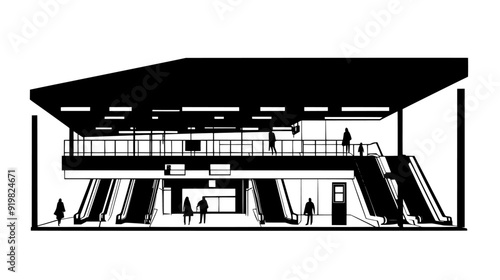 Complex subway station with multiple platforms, escalators, and clearly marked signage, vector illustration art