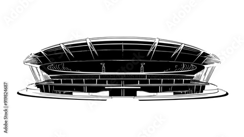 Conceptual design of a sports stadium with retractable roof and surrounding seating areas, vector illustration art