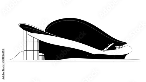 Concert hall with sculptural form, dynamic curves, and expansive glass surfaces, vector illustration art