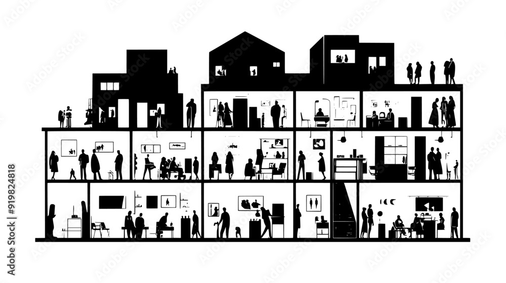 Obraz premium Cultural center with rooms for exhibitions, performances, and events, vector illustration art