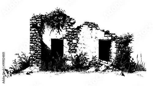 Crumbling stone building with collapsed walls and vegetation, vector illustration art