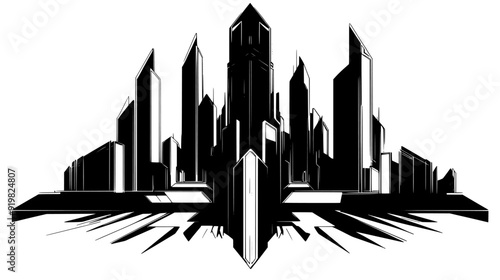 Crystalline palace with angular, reflective surfaces and a central tower, vector illustration art