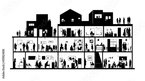 Cultural center with rooms for exhibitions, performances, and events, vector illustration art